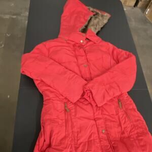 Women’s Red Hooded Puffer Jacket Faux Fur Trim Winter Coat Zip & Snap Size L